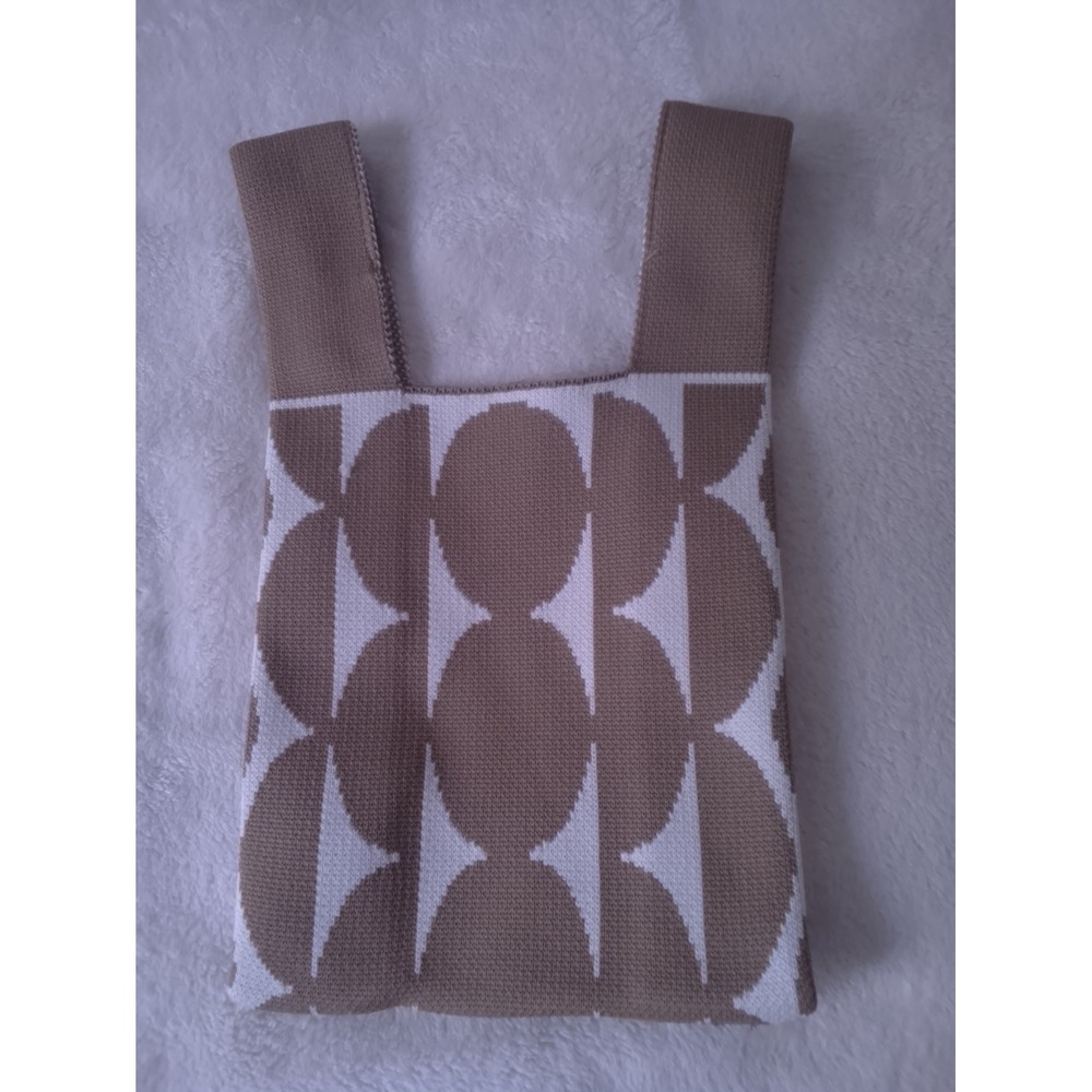 Tan White Geometric Knit Tote Bag Circle Pattern Shopper Market Bag